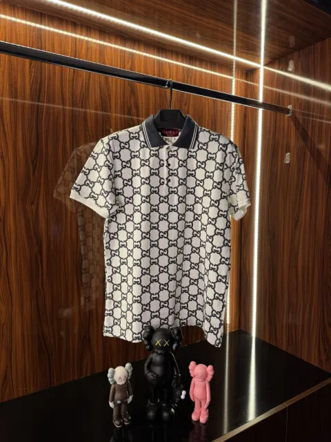 Gucci Monogram Logo Polo Yaka, Beyaz/Gri