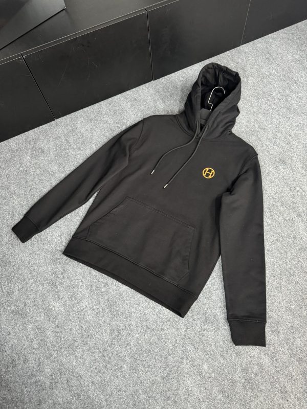 Hermes Nakış Turuncu Logo Hoodie | Siyah