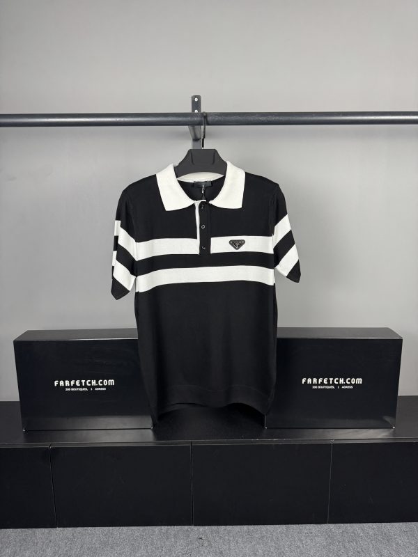 Prada Şeritli Polo Triko | Siyah